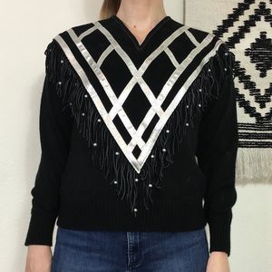 Vintage Western Sweater Suede Fringe Metallic